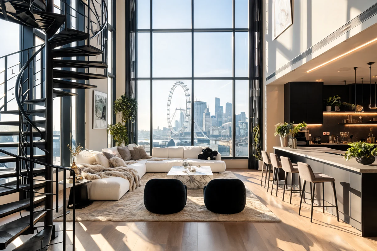 Light-filled loft with spiral staircase and city views