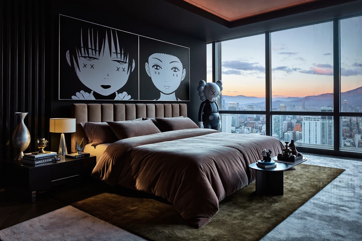 Contemporary suite overlooking mountains at sunset