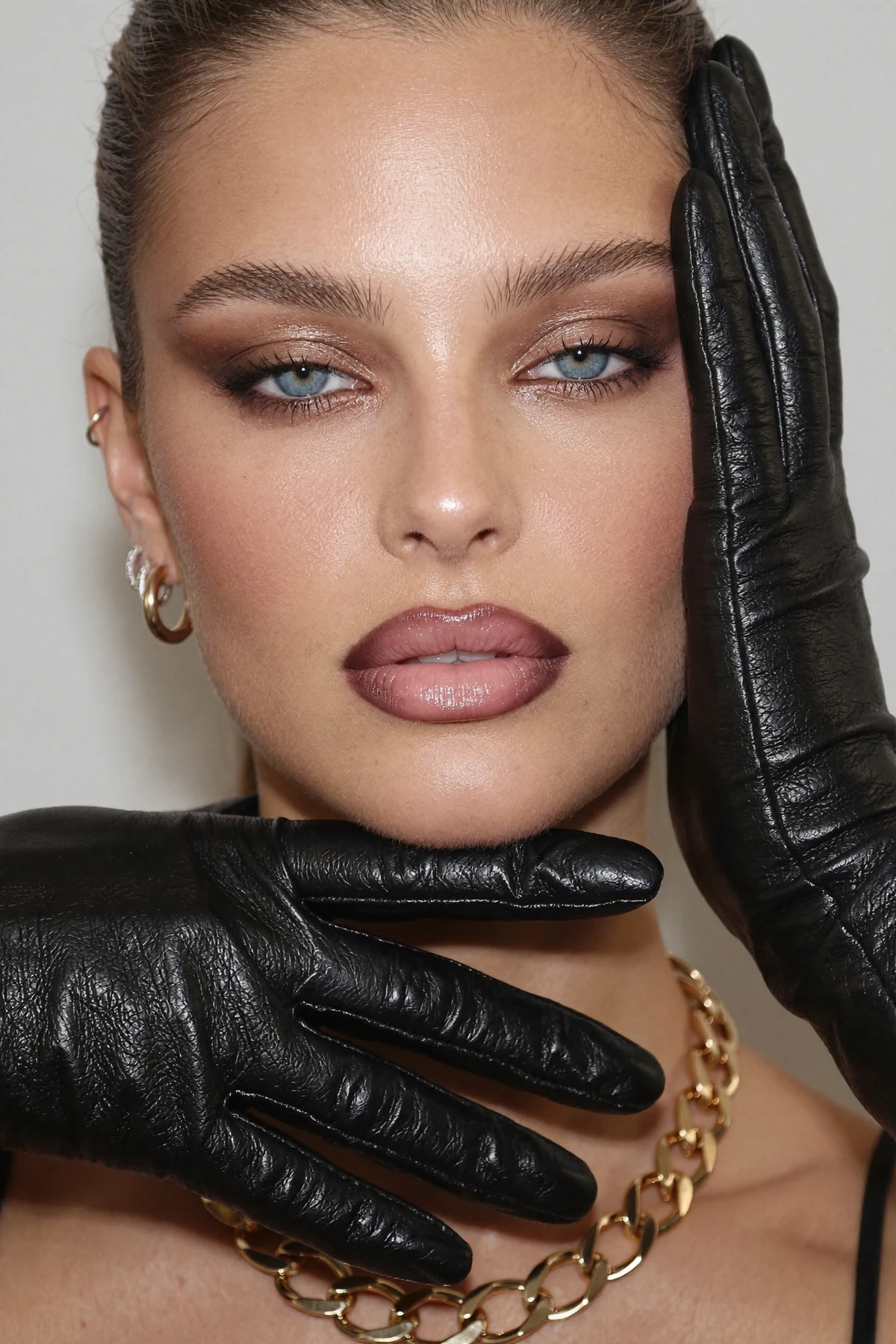 Black leather gloves frame a makeup close-up